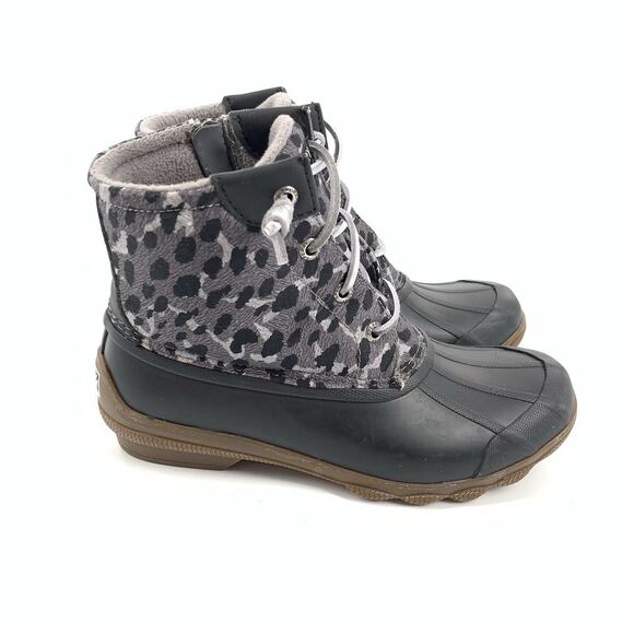 $130 Sperry Top-Sider Syren Gulf Duck Boots 5.5 Gray Black Textile Cheetah Print - Picture 1 of 9